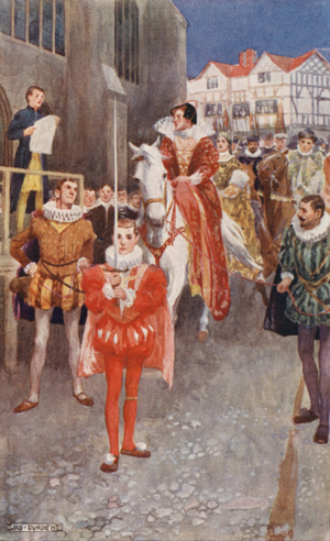 St Edmund Campion: Campion reading an Address of Welcome to Queen Mary (colour litho)