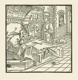 Master Cato on his death-bed gives good instructions to his son, 1493 (woodcut)