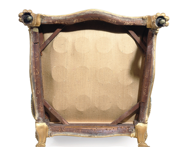 One of a pair of George III giltwood armchairs, 1765 (limewood, beech & damask)