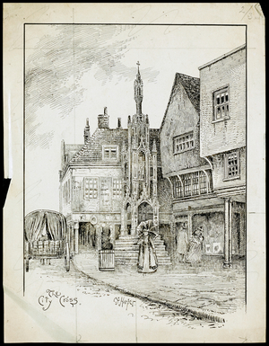 A view from the north-west of the Butter Cross, High Street, Winchester, Hampshire (pen & ink on paper)