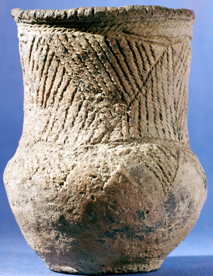 Beaker Folk: Late Neolithic/Early Bronze Age c4000 BC from temperate European zones. Distinctive bell-shaped beaker with stamped geometric decoration. British Museum, London