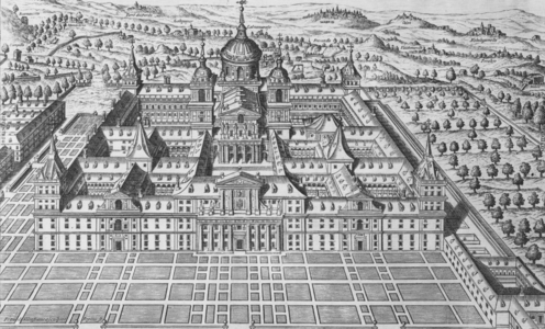 View of the monastery of the Royal Monastery of San Lorenzo de El Escorial built by king Philip II between 1563 and 1584, the shape is a grill in reference to martyrdom of San Lorenzo, engraving, 1681
