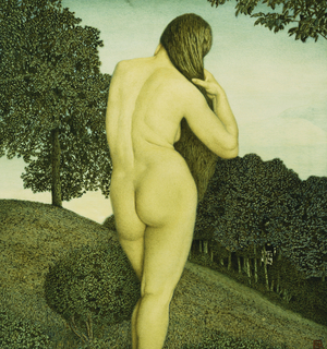 Standing Nude in a Landscape,  (oil on panel)