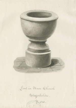 Font in Maer Church: sepia drawing, 1843 (drawing)