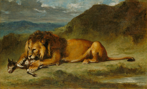 Lion Devouring a Goat, c.1850 (oil on canvas)