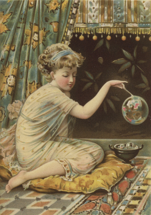 Girl blowing bubbles (colour print on silk)