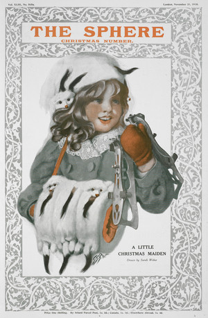 'A little Christmas maiden'. A young girl holding skates and a fur muff.