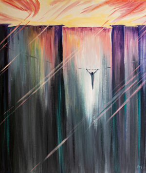 Over the abyss of spiritual darkness, our faith in Christ allows us to cling to a thread of hope, 2000 (oil on board)