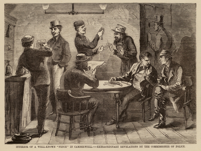 Interior of a well-known "Fence" in Camberwell, extraordinary revelations by the commissioner of police (engraving)