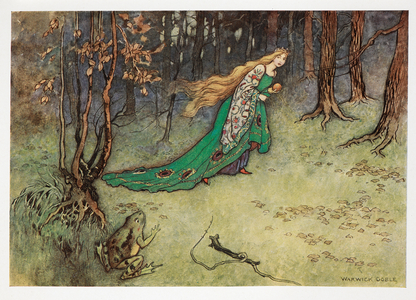 "The king's daughter was overjoyed when she beheld her pretty plaything again, picked it up, and ran away with it." Illustration for 'the Frog-Prince'.