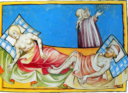 An Illustration of the Black Death from the Toggenburg Bible, 1411 (parchment)