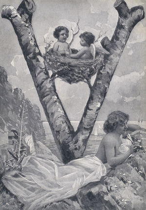 Two children in a nest up a tree (litho)