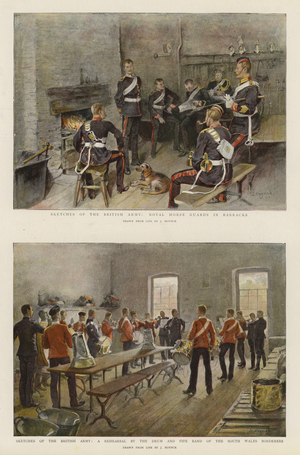 Sketches of the British Army, Royal Horse Guards in Barracks, Sketches of the British Army, a Rehersal by the Drum and Fife Band of the South Wales Borderers (colour litho)