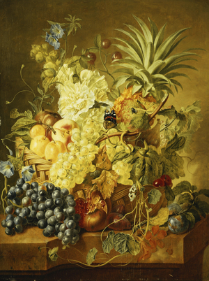 Plums, a Peach, Grapes, a Melon, a Pineapple, a Fig, Currants, Cherries and Flowers in a Basket, and Grapes, a Pomegranate, Plums and a Fig, with Butterflies on a Stone Ledge (oil on panel)