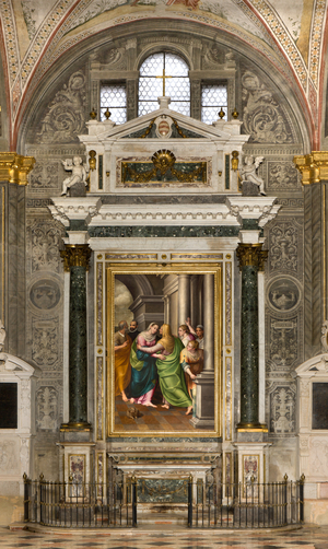 South Transept, Altar of Visitation, Giovanni Manfredini 1798, Altarpiece by Gervaso Gatti, Visitation of Mary to his cousin Elisabetta 1583, Cathedral of Santa Maria Assunta, Cathedral, Cremona, Lombardy, Italy (photo)