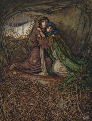 The lovers lived crouching in the hollow of a rock (colour litho)