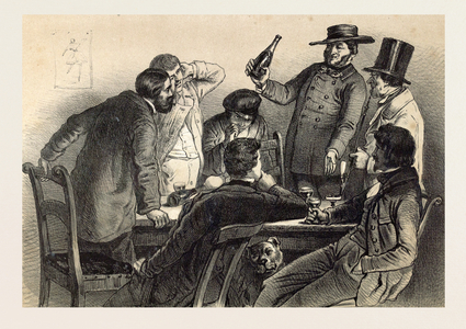 Drinking the Bottles in Germany, 19th Century Lithography, Wine, Wine Glass, Wine-Bottle, Alcohol, Alcoholic, Men, Dog, Glasses, Drink, Drinking