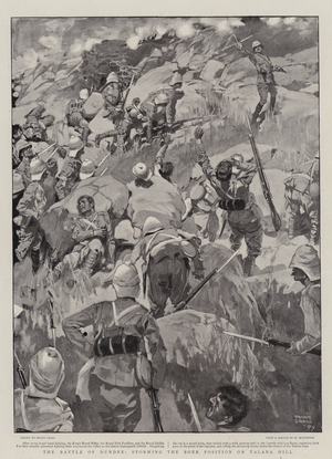 The Battle of Dundee, storming the Boer Position on Talana Hill (litho)