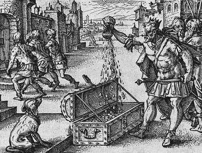 Italy: 'The Roman Emperor Valens (328-378) Pours Money into a Coffer; an Officer is Arrested and led to Prison', etching by Christoph Murer (1558-1614), early 17th century