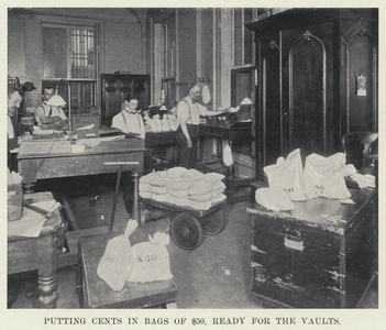 Putting Cents in Bags of , Ready for the Vaults (b/w photo)