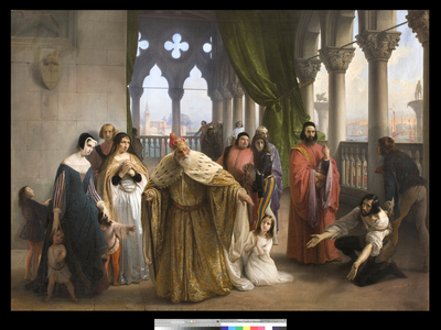 The last meeting between Jacopo Foscari and his family before being exiled, 1838-40 (oil on canvas)
