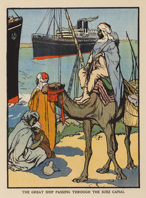 The great ship passing through the Suez Canal (colour litho)
