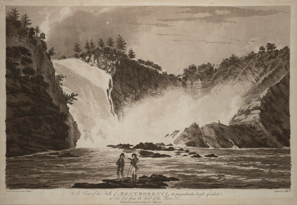 Two figures, one smoking a pipe, standing in front of Montmorency Falls, Canada; trees in the distance