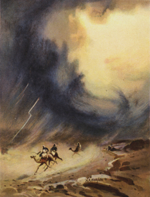 Thunderstorm and hail, Sinai (colour litho)