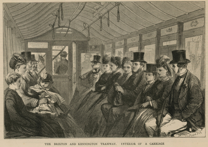 The Brixton and Kennington Tramway - interior of a carriage (engraving)