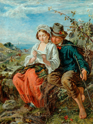 A fisher-Boy and a girl reading, 1850-79 (oil on canvas)