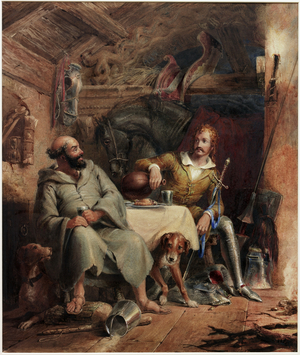 Friar Tuck and the Black Knight (watercolour and bodycolour on paper on card)