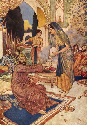 An Orientalist scene illustrating the 57th quatrain of the 'Rubaiyat of Omar Khayyam', 1910 (lithograph)