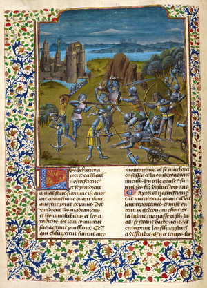 Miniature of Gideon's battle with the Midianites, with a full border and an illuminated initial 'L'(es) showing a dragon, at the beginning of book 2