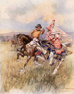 A Kirghiz Wooing (colour litho)