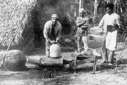 Latex preparation in Brazil, 1932 (b/w photo)