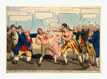 The Set-Too Between Old Price and Spangle Jack the Shewman - Fought with Unabated Vigour for Nine Rounds & Yet Undecided, Engraving 1809, a Pugilistic Encounter, Over New Theater Prices, Between John Philip Kemble, Tall and Muscular, and Old Price, a Much Smaller and Weaker Opponent.
