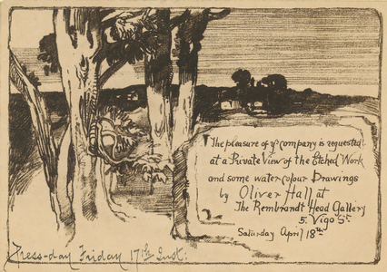 Invitation to an exhibition of water colour drawings by Oliver Hall (engraving)