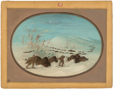 Buffalo Chase in the Snow Drifts - Ojibbeway, 1861-1869 (oil on card mounted on paperboard)