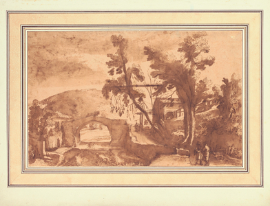 A mountainous landscape with a bridge over a river, figures on a road by a farmstead to the right (ink & wash with chalk on paper)