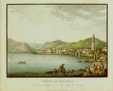 A man fishing near a group of boys and a dog on the beach in the foreground, with three washerwomen working beyond and a view of Pallanza, Lake Maggiore and mountains in the background