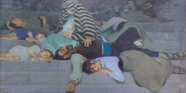 In the evening on the steps of the cathedral (oil on canvas)
