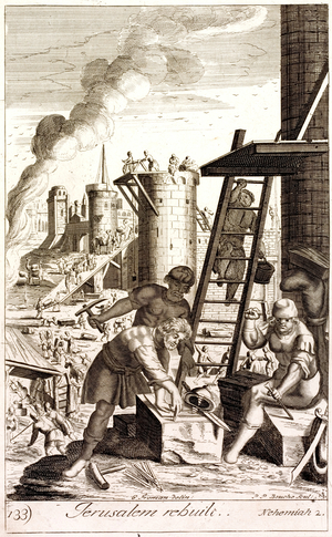 Nehemiah rebuilding the walls of Jerusalem (engraving)