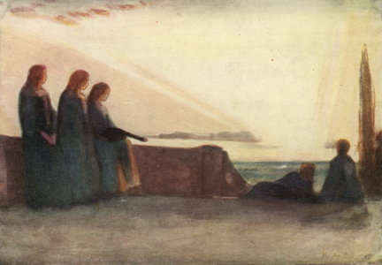 Now fades the glimmering landscape on the night, And all the air a solemn stillness holds (colour litho)