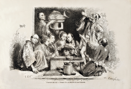 A Small Party Drinking Sake, from the Italian edition of 'Tour du Monde', 1869 (litho)