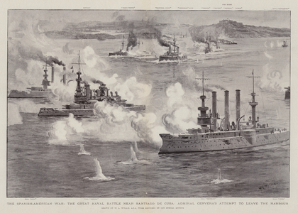 The Spanish-American War, the Great Naval Battle near Santiago de Cuba, Admiral Cervera's Attempt to leave the Harbour (litho)