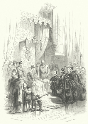 The confederacy of Dutch nobles presenting a petition of their grievances to Margaret of Parma, Governor of the Spanish Netherlands, 1566 (engraving)