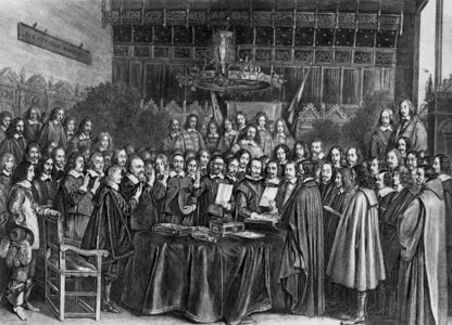Signature of the treaty of Westphalia in Munster by Louis XIV may 1648, which ends the Thirty Years' war, engraving