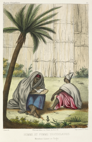 Homme et femme Toucoulaures. Marabout faisant un Grigri.
A man and woman of the Toucouleur people of West Africa.
A Marabout (Muslim religious leader and teacher in West Africa.)