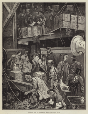Breaking Bulk on Board a Tea Ship in the London Docks (engraving)