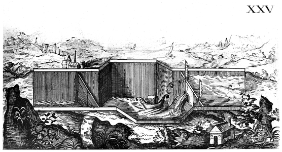 Pound Lock. The vessel has entered pound from lower level on left, the gate has been closed behind it and water is being allowed to flow through gate on right, gradually raising the water level so that the boat can float out. Pound locks are used on canals, or to transfer vessles from one waterway to another at a different level. From Nouvelle Invention de Lever l'eau Plus Hault (New Invention for Raising Water ...), Isaac de Caus, ( London, 1664). Engraving.